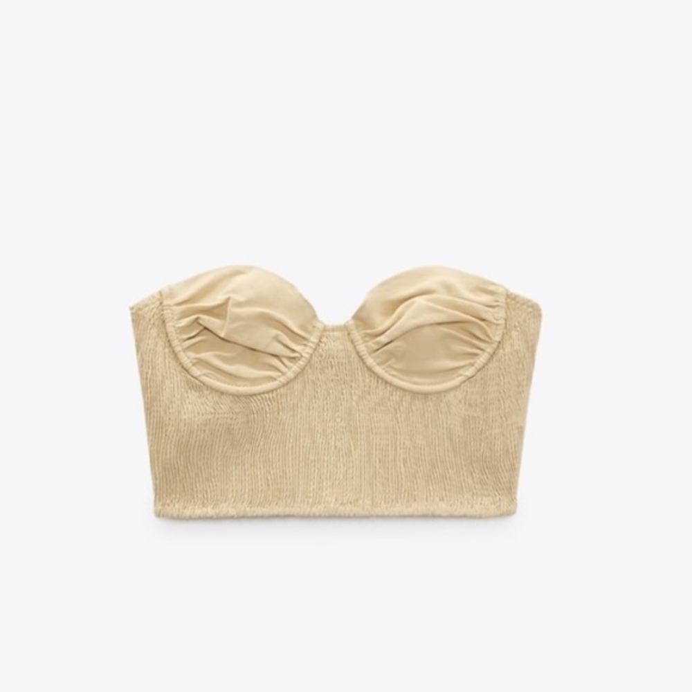 Zara Linen Blend Cropped Smocked Bustier Top - Small
